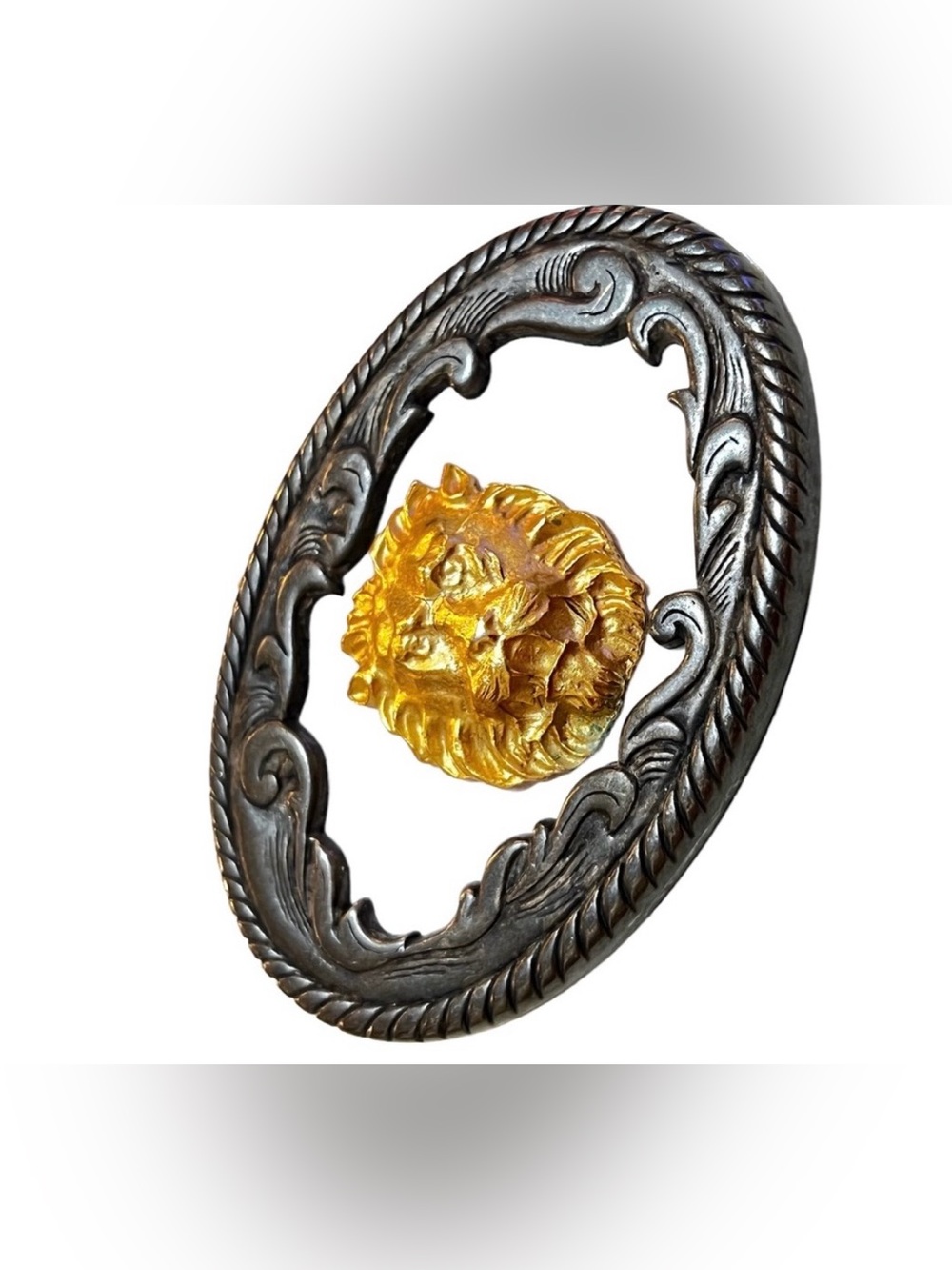 Made In Spain Belt Buckle Gray With Goldtone Lion on White Background